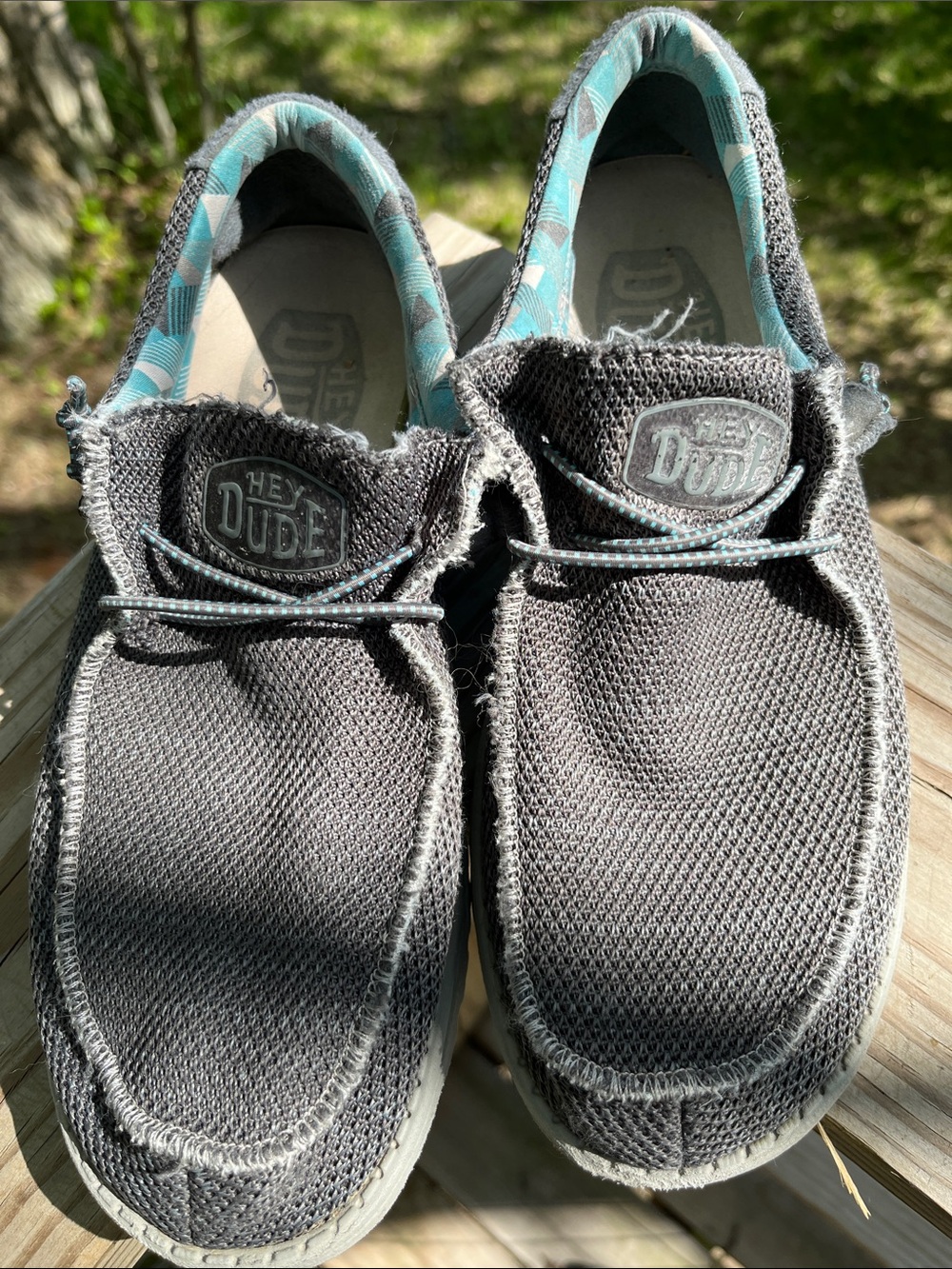 Hey Dude Gray Wally Socks slip on shoes with Teal Patterned Lining